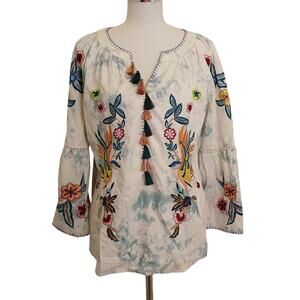 Chico's Tunic Blouse Tie Dye Embroidered Floral Birds Tassels Popover Bellsleeve